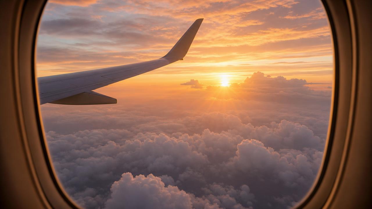 Sunrise seen from an airplane window, beginning the pilgrimage journey