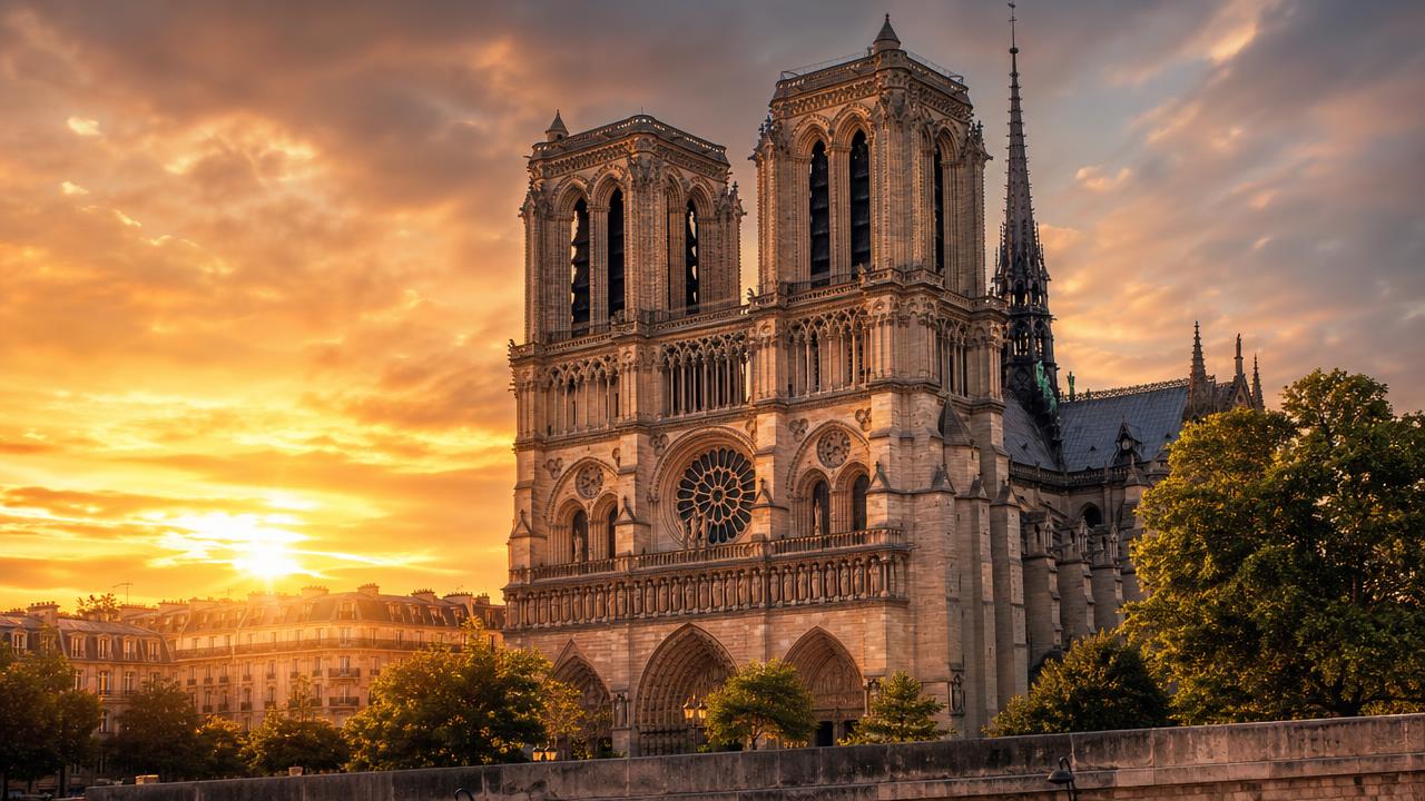 Notre-Dame cathedral in Paris glowing at golden hour