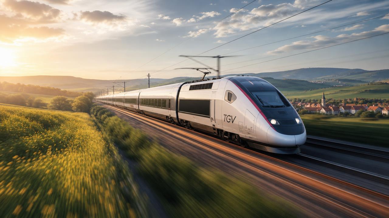 TGV high-speed train traveling through the French countryside