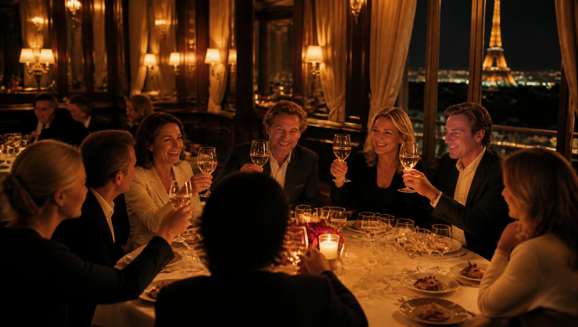 A warm candlelit farewell dinner table in a Paris restaurant