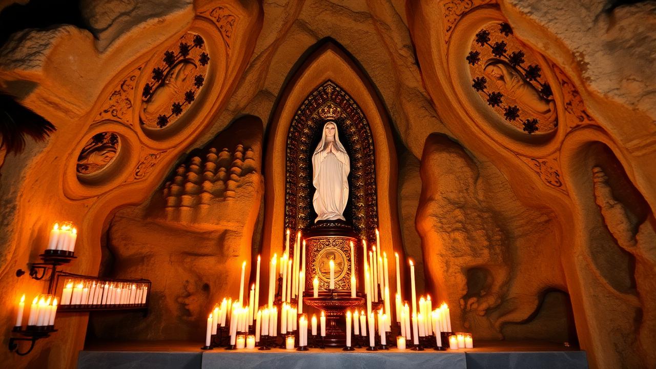 The Grotto of Massabielle at Lourdes lined with votive candles