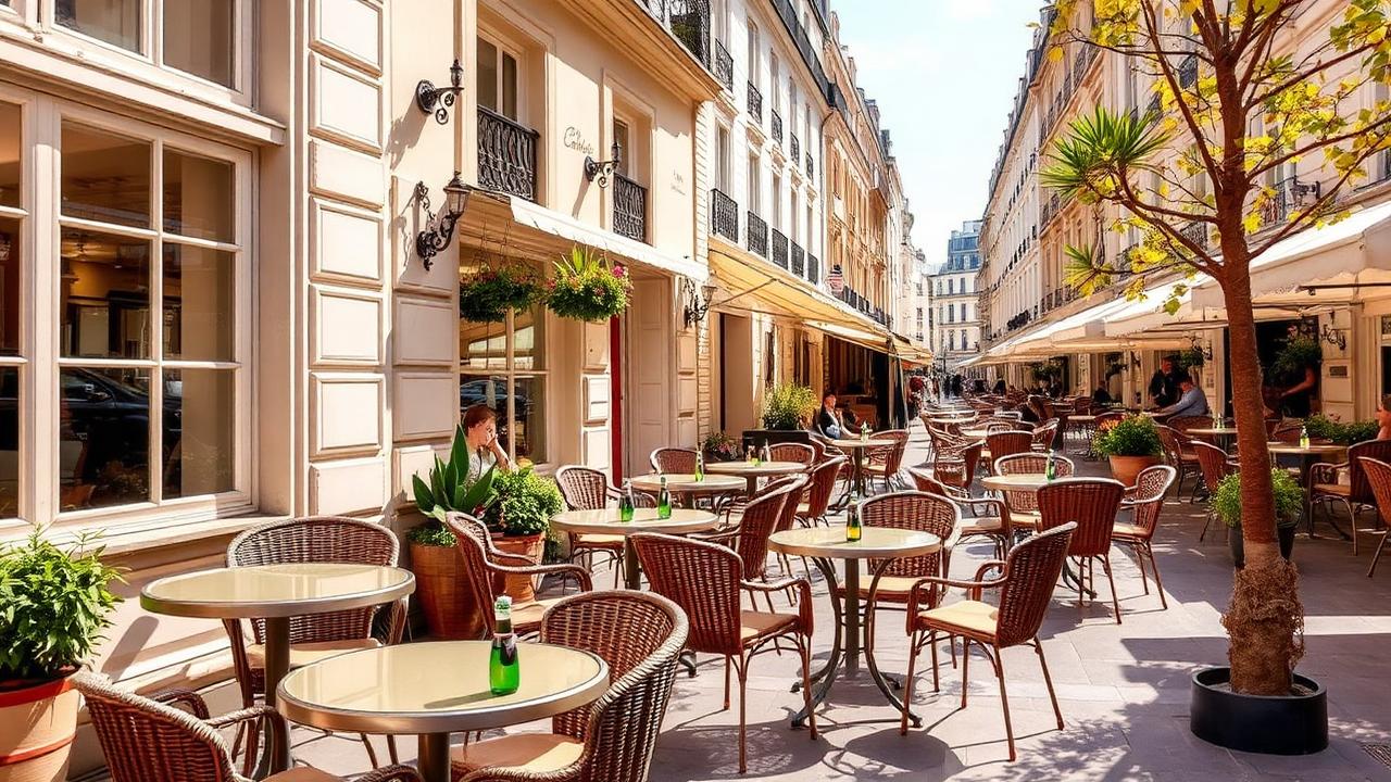 A Parisian café terrace with small tables in the afternoon sun